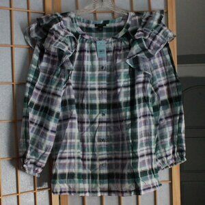 Ann Taylor Petite Plaid Print Ruffle Accent Button Down Blouse